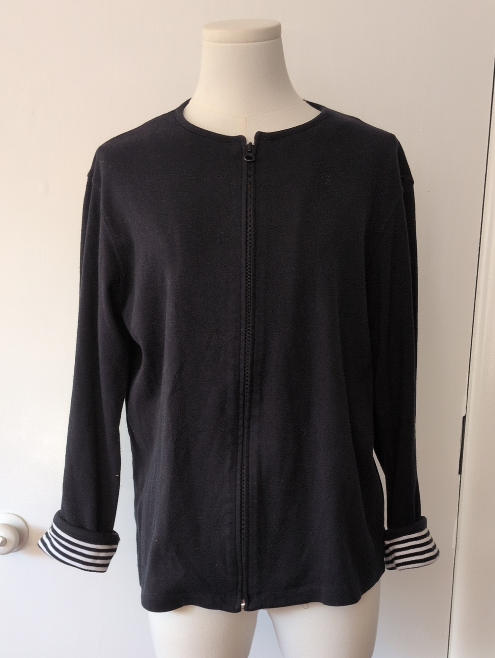 Cabin Creek Black Zip-Front Sweater with Striped Cuffs - Size Medium